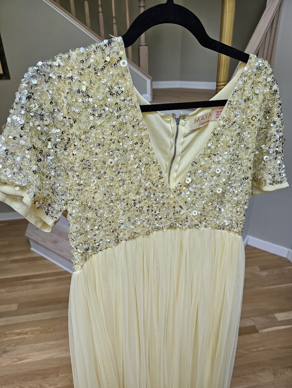 Maya Maternity Cap Sleeve Delicate Sequin Detail Tulle Maxi Dress in Lemon 10 - Picture 12 of 15